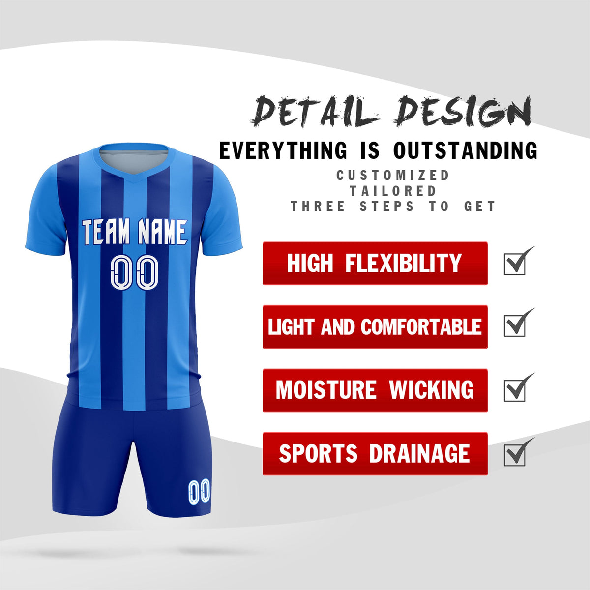 Custom Powder Blue Royal Vertical Stripes Casual Outdoor Football Kits Jersey