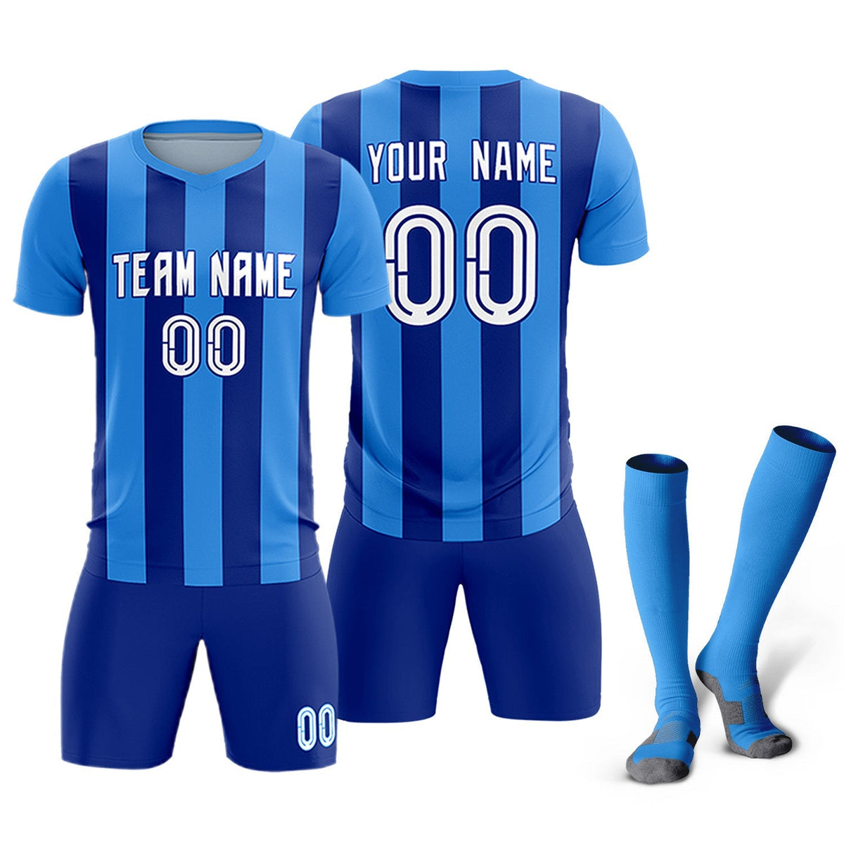 Custom Powder Blue Royal Vertical Stripes Casual Outdoor Football Kits Jersey