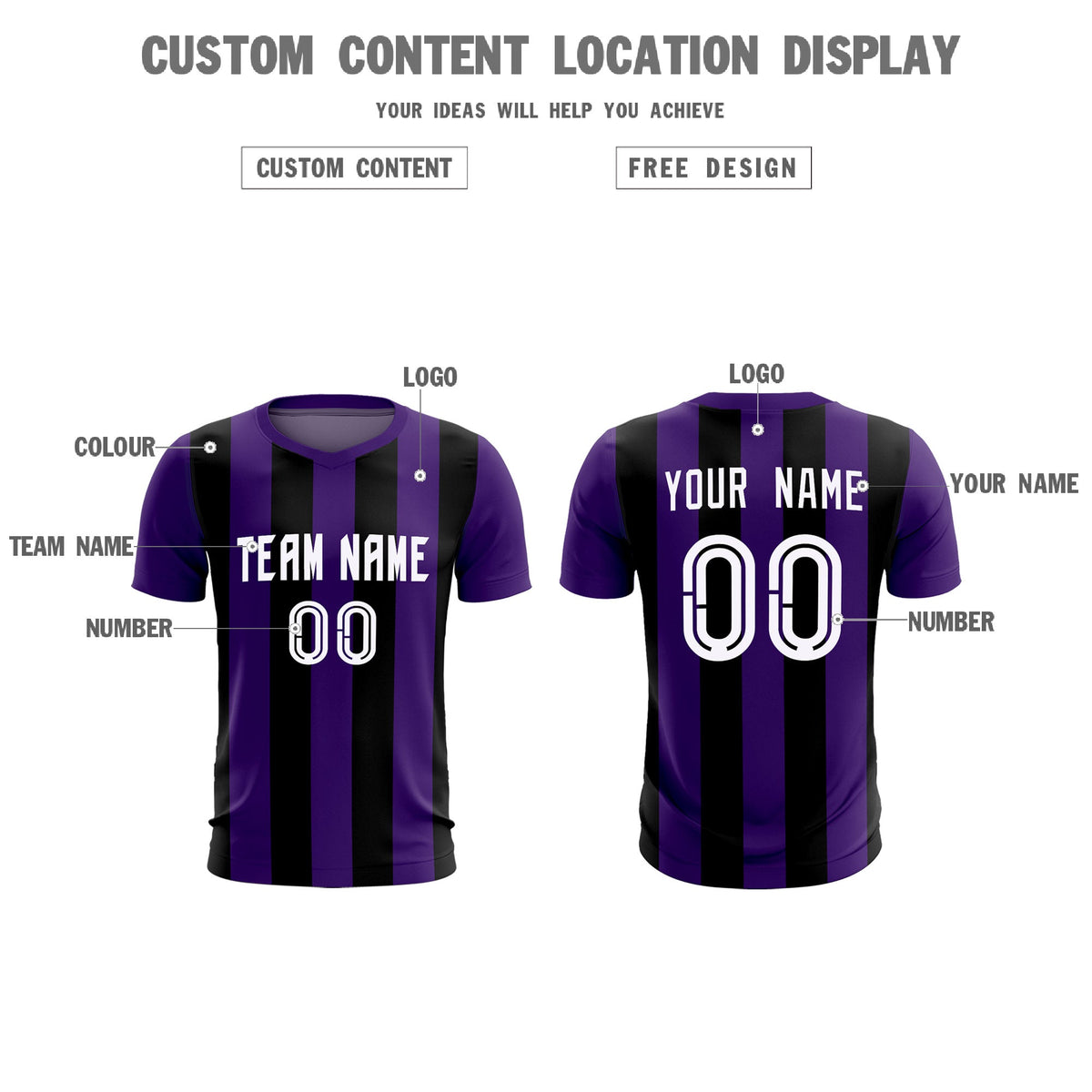 Custom Purple Black Vertical Stripes Casual Outdoor Football Kits Jersey