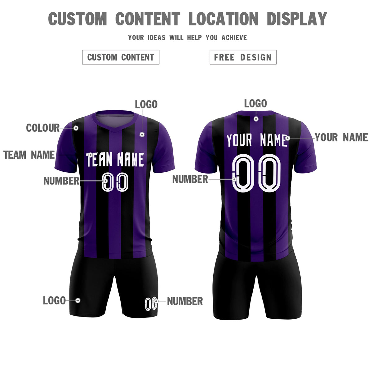 Custom Purple Black Vertical Stripes Casual Outdoor Football Kits Jersey