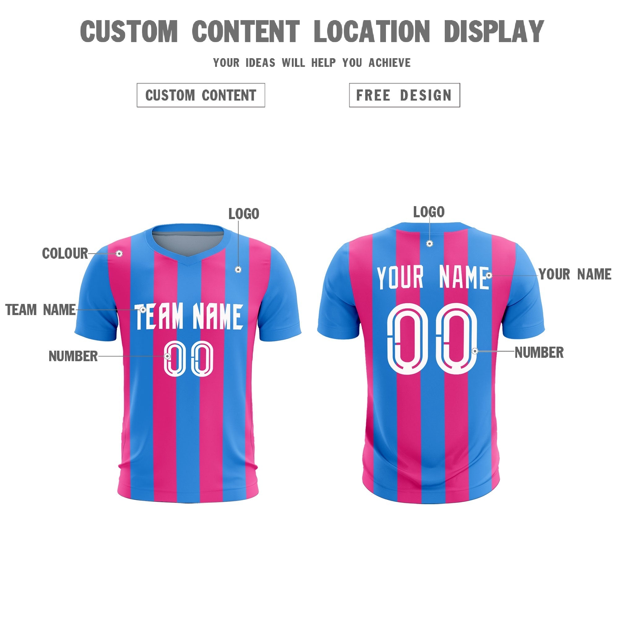 Custom Powder Blue Pink Vertical Stripes Casual Outdoor Football Kits Jersey