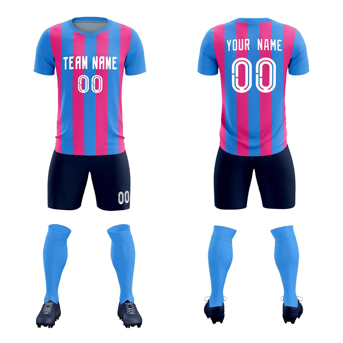 Custom Powder Blue Pink Vertical Stripes Casual Outdoor Football Kits Jersey