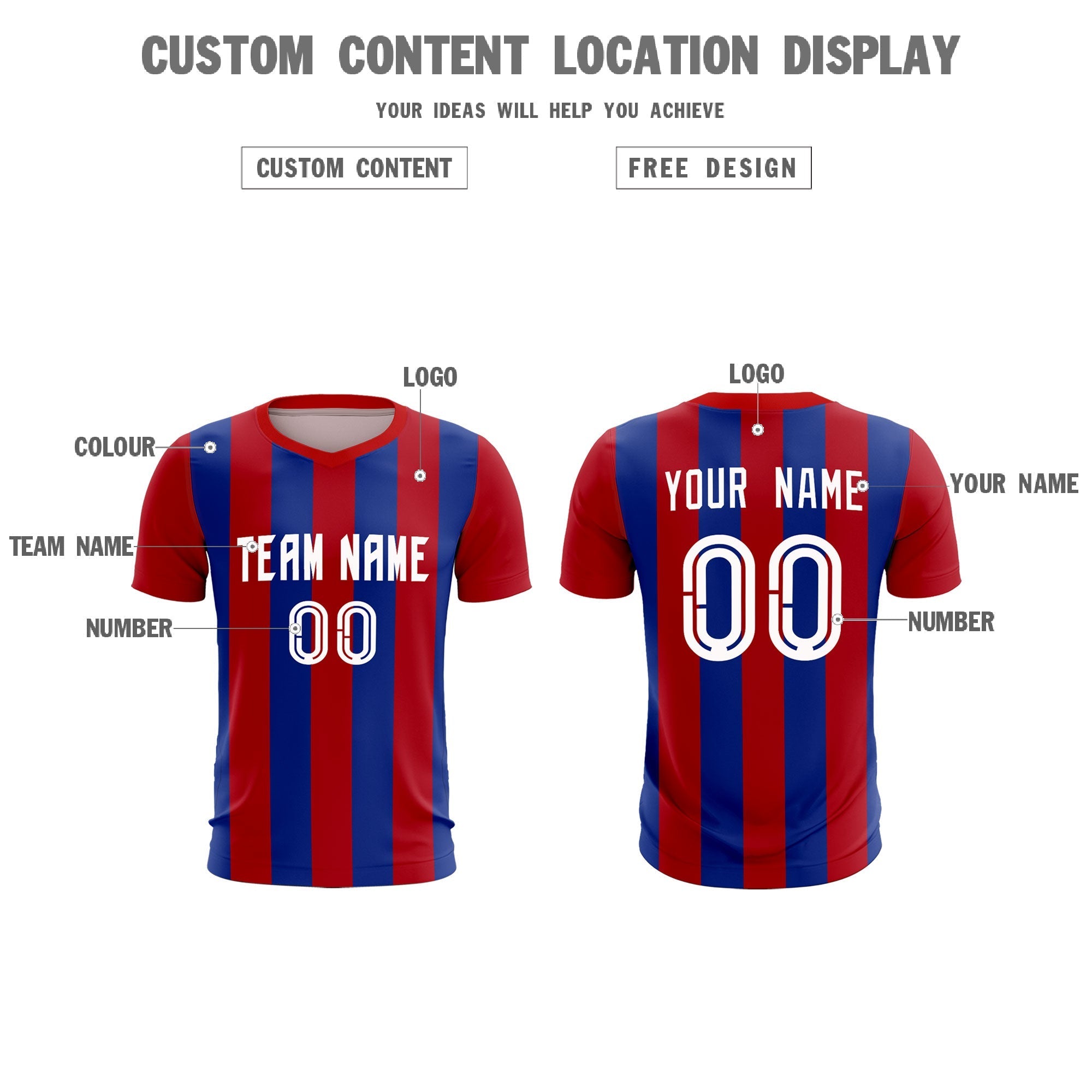 Custom Red Royal Vertical Stripes Casual Outdoor Football Kits Jersey