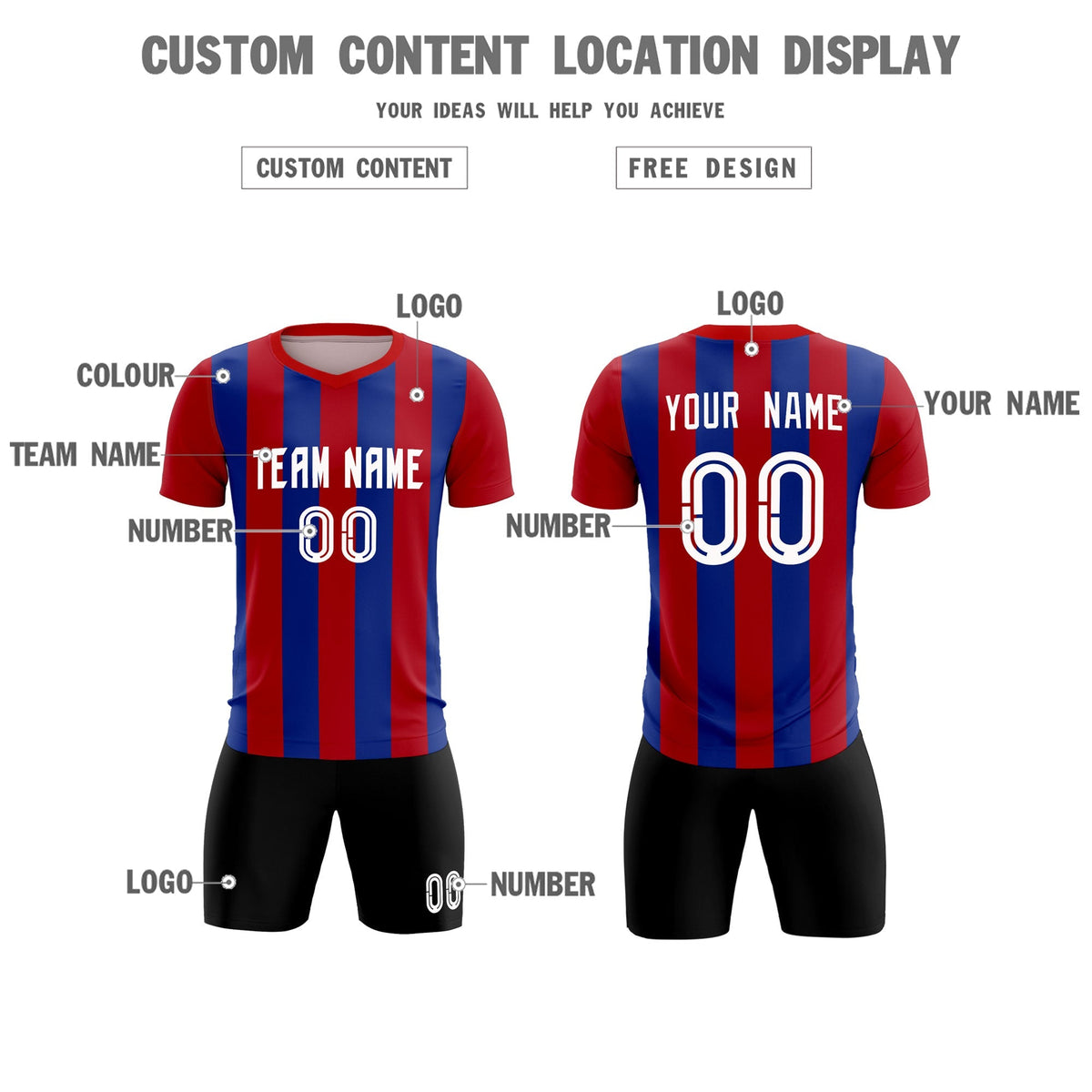 Custom Red Royal Vertical Stripes Casual Outdoor Football Kits Jersey