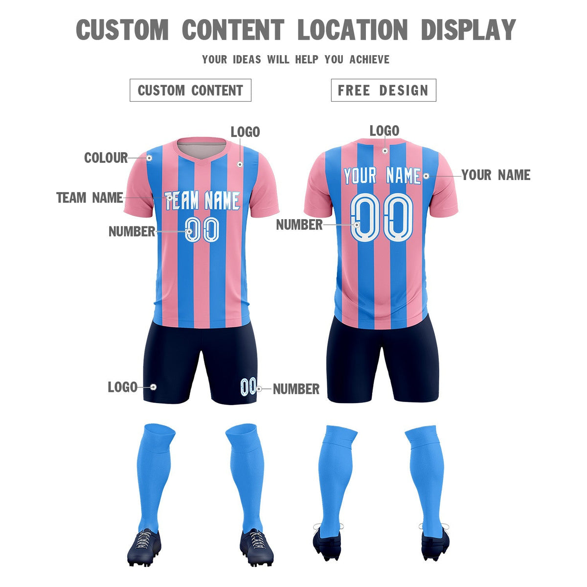 Custom Light Pink Powder Blue Vertical Stripes Casual Outdoor Football Kits Jersey