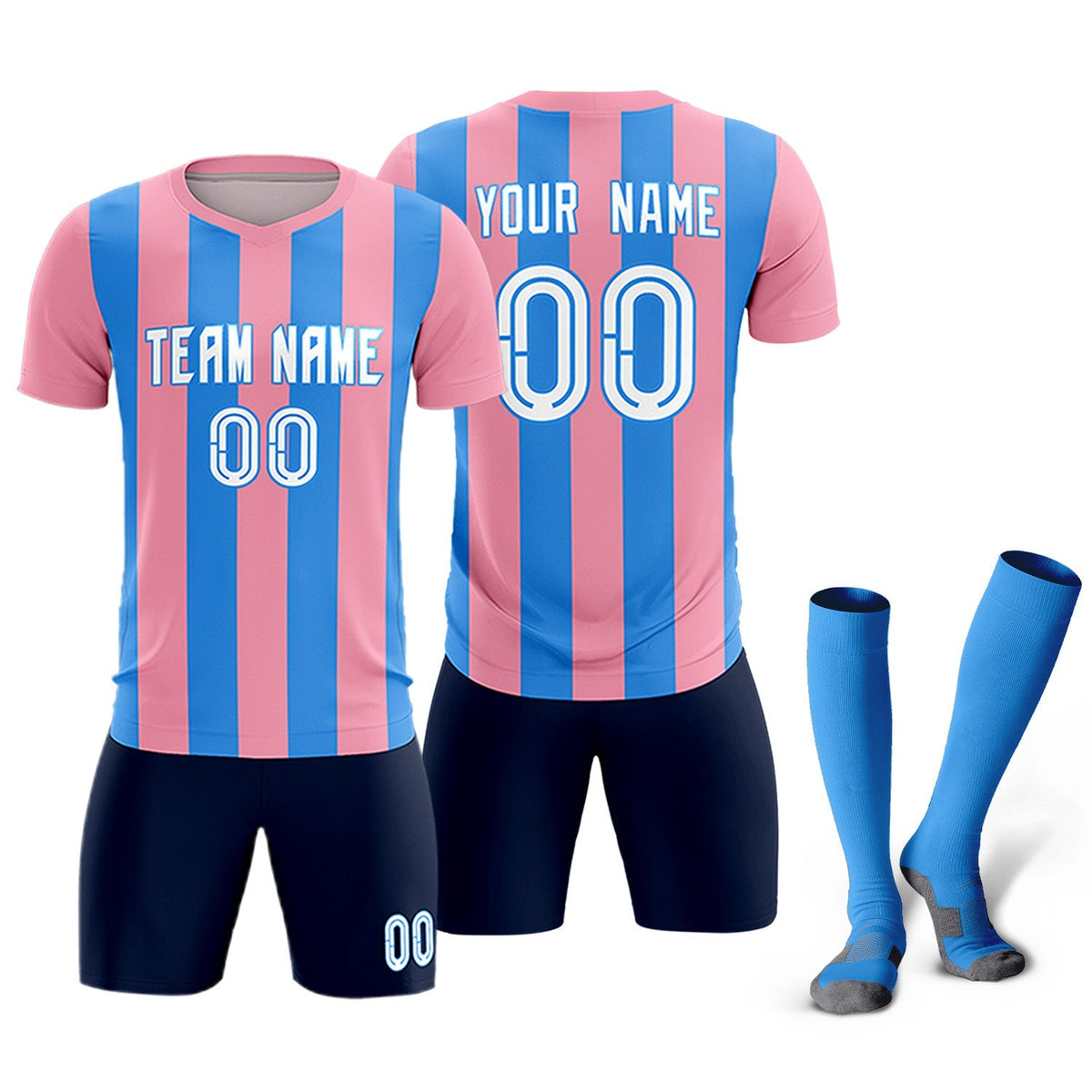 Custom Light Pink Powder Blue Vertical Stripes Casual Outdoor Football Kits Jersey