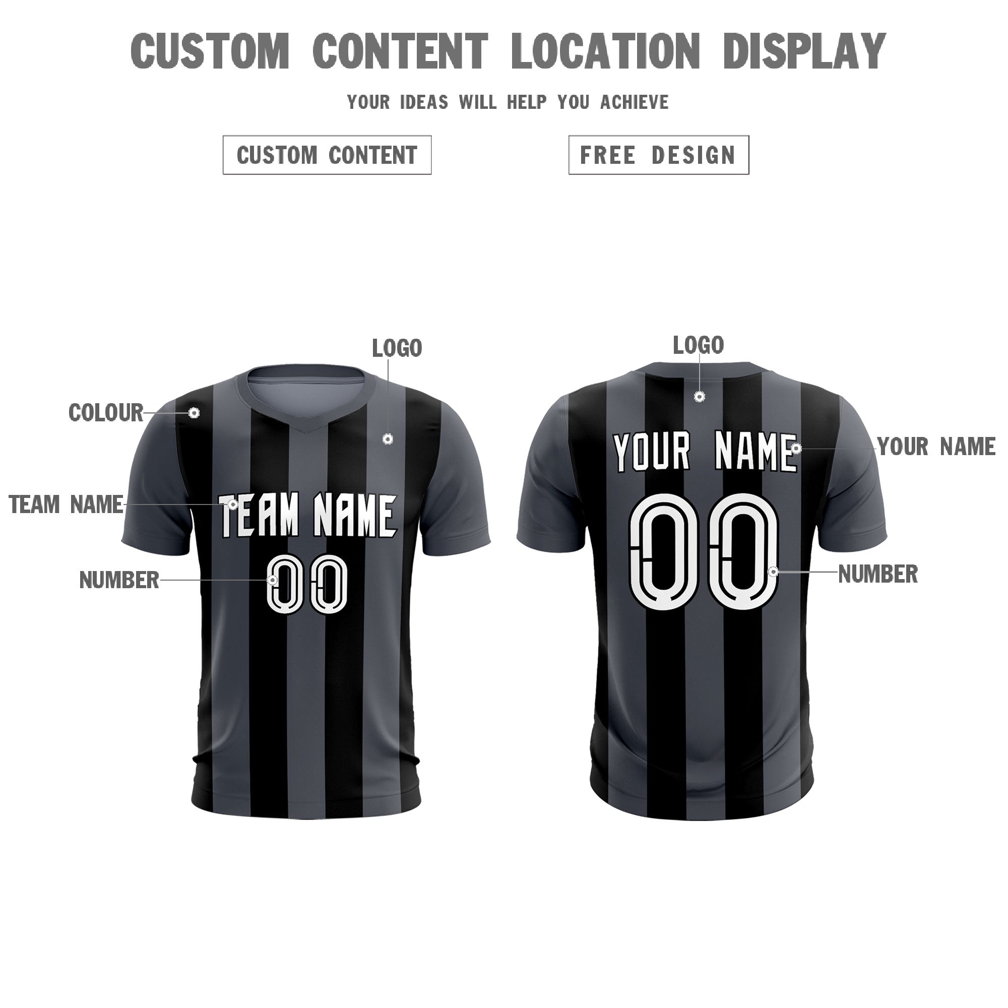Custom Dark Gray Black Vertical Stripes Casual Outdoor Football Kits Jersey
