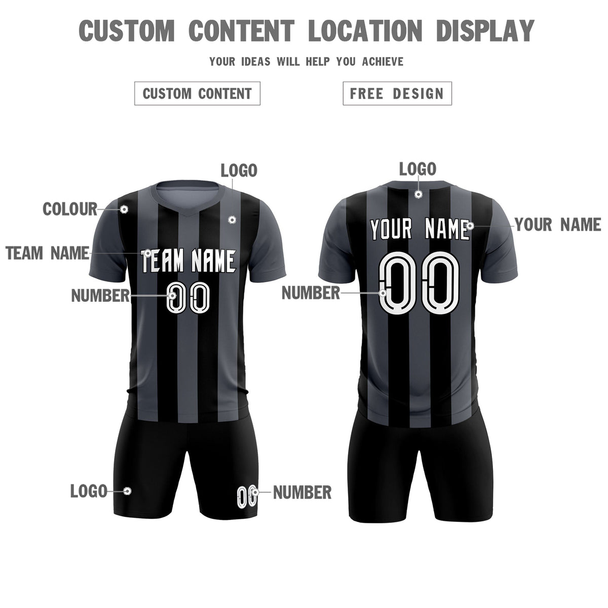 Custom Dark Gray Black Vertical Stripes Casual Outdoor Football Kits Jersey