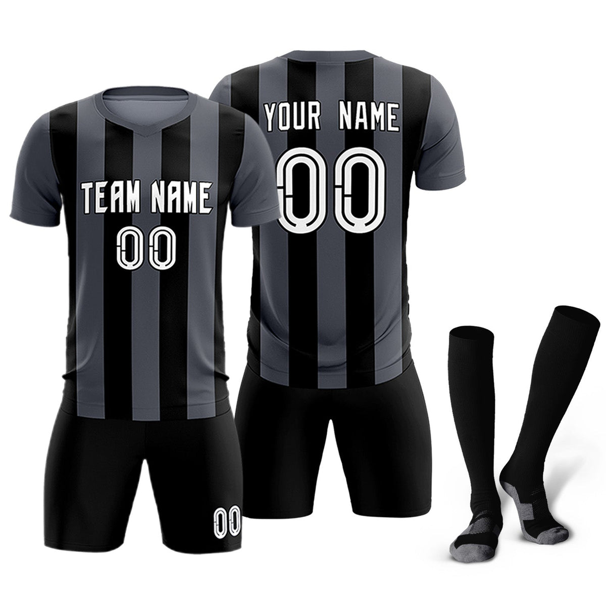 Custom Dark Gray Black Vertical Stripes Casual Outdoor Football Kits Jersey