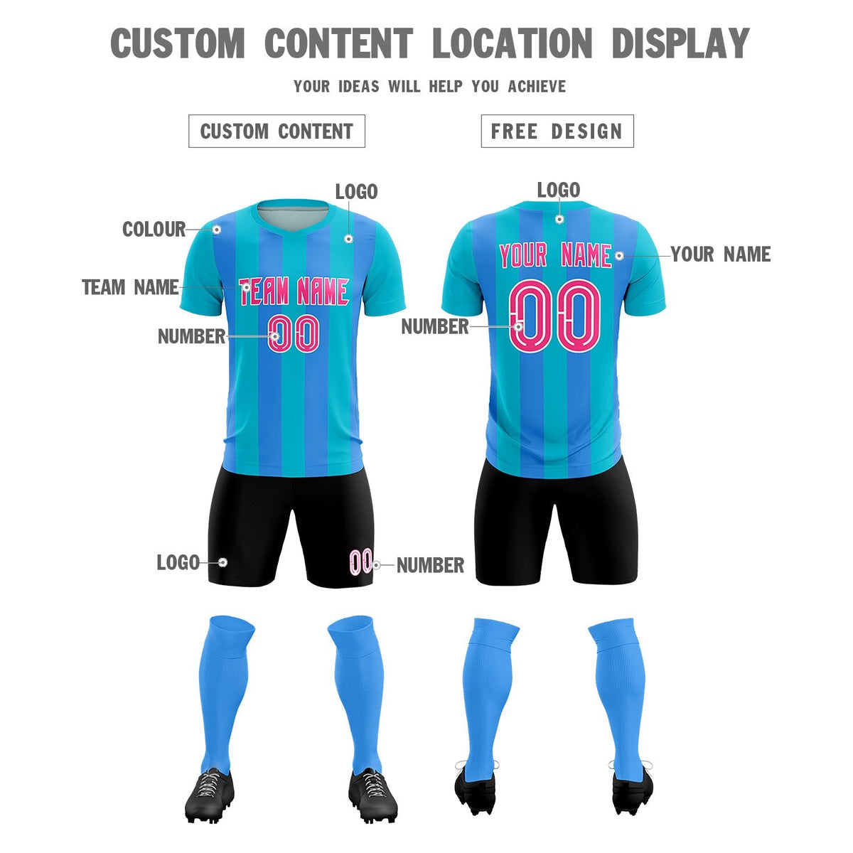 Custom Sky Blue Powder Blue Vertical Stripes Casual Outdoor Football Kits Jersey
