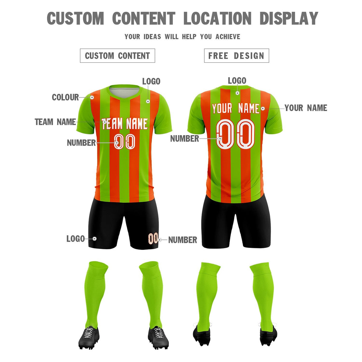 Custom Neon Green Orange Vertical Stripes Casual Outdoor Football Kits Jersey