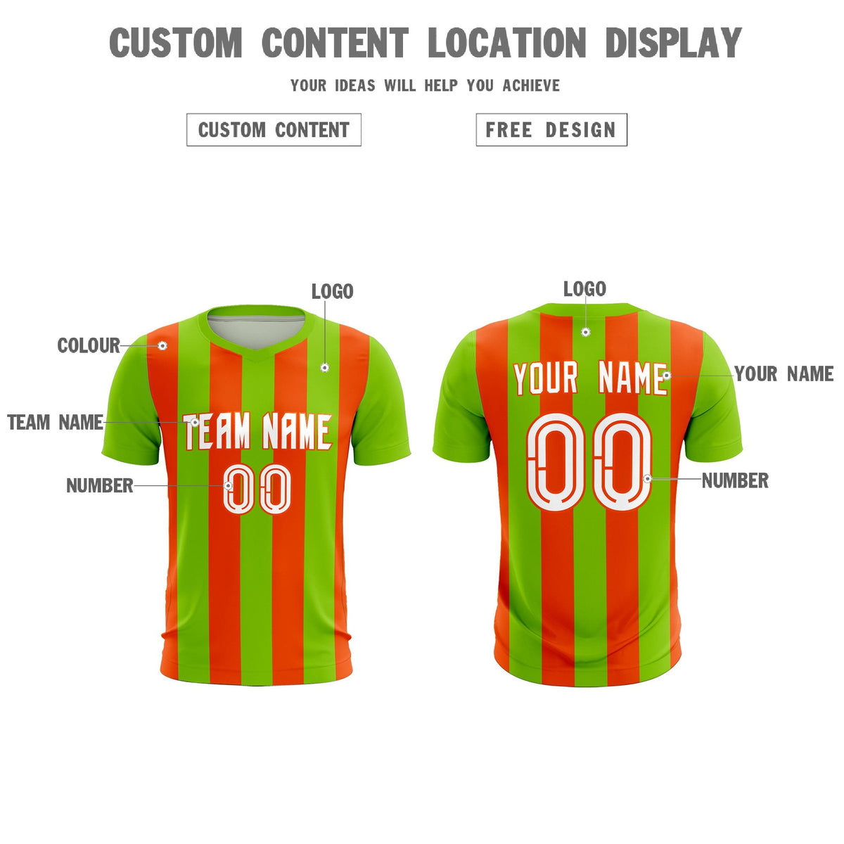 Custom Neon Green Orange Vertical Stripes Casual Outdoor Football Kits Jersey