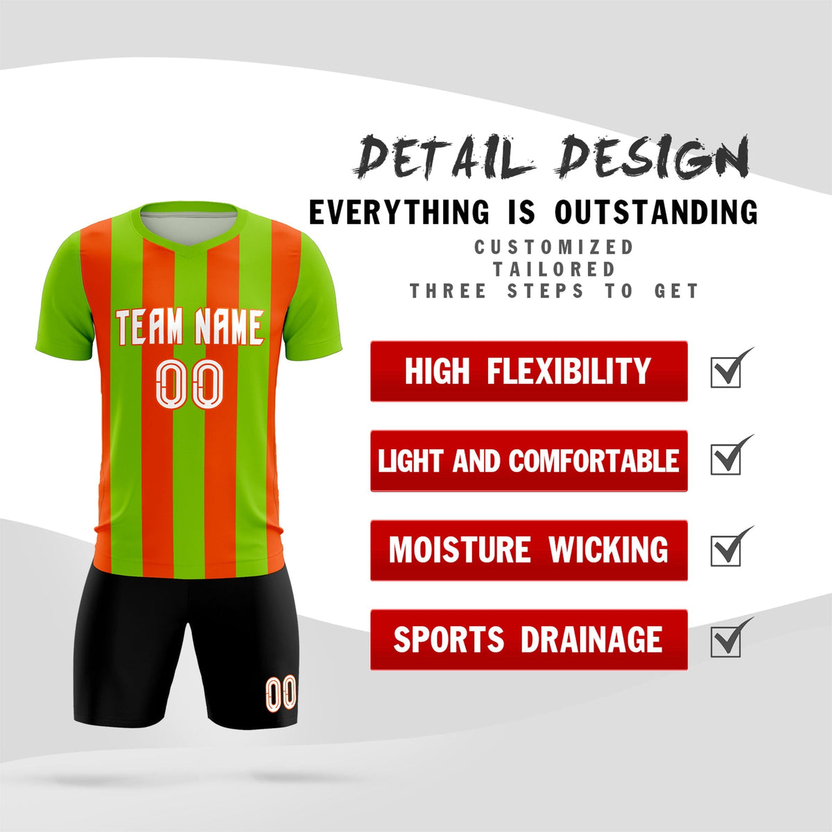 Custom Neon Green Orange Vertical Stripes Casual Outdoor Football Kits Jersey