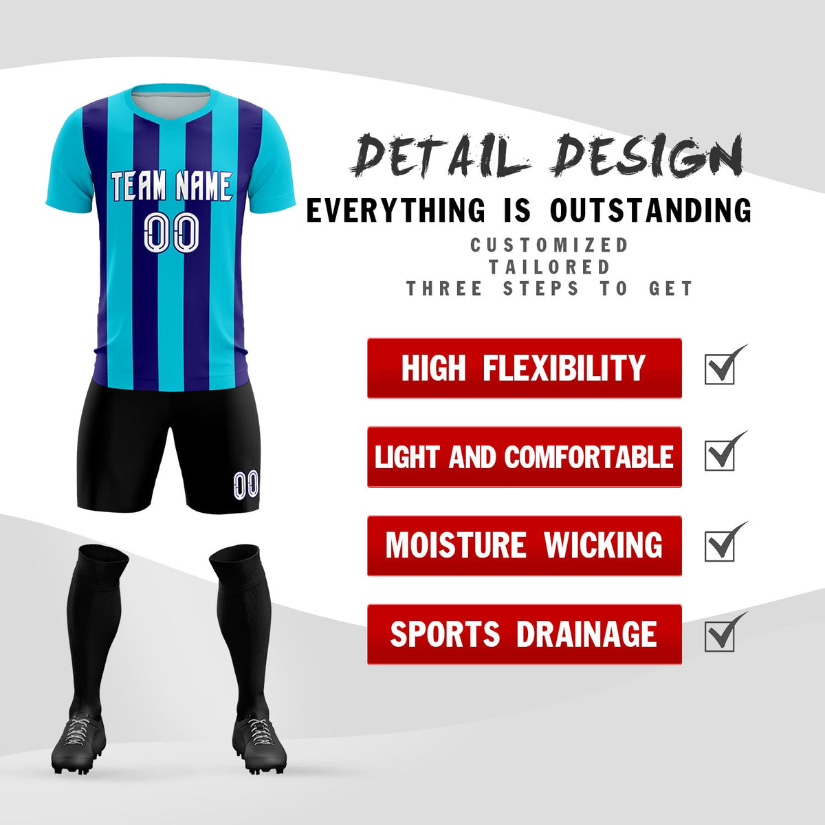 Custom Sky Blue Royal Vertical Stripes Casual Outdoor Football Kits Jersey
