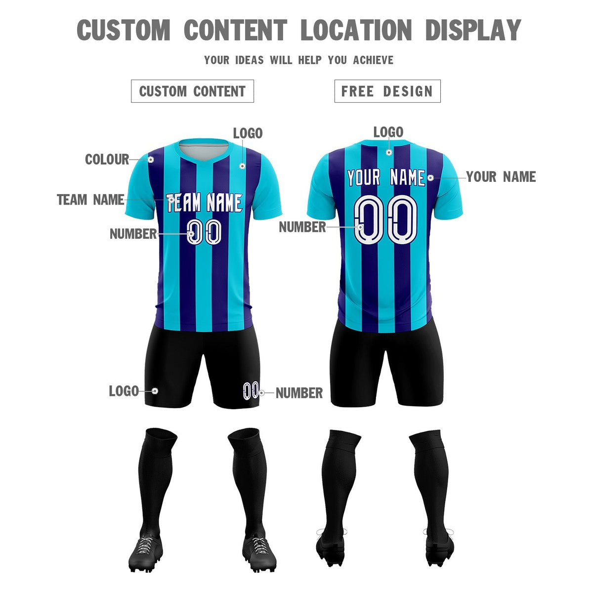 Custom Sky Blue Royal Vertical Stripes Casual Outdoor Football Kits Jersey