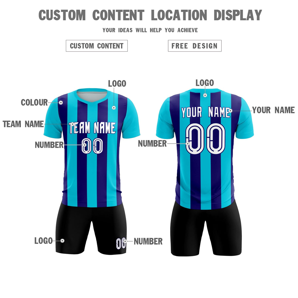 Custom Sky Blue Royal Vertical Stripes Casual Outdoor Football Kits Jersey