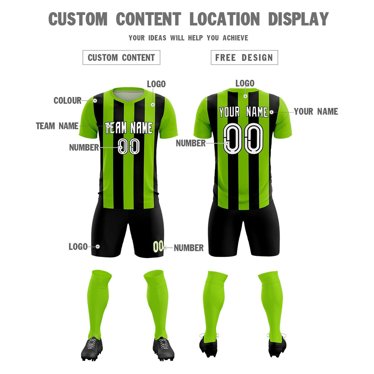 Custom Neon Green Black Vertical Stripes Casual Outdoor Football Kits Jersey
