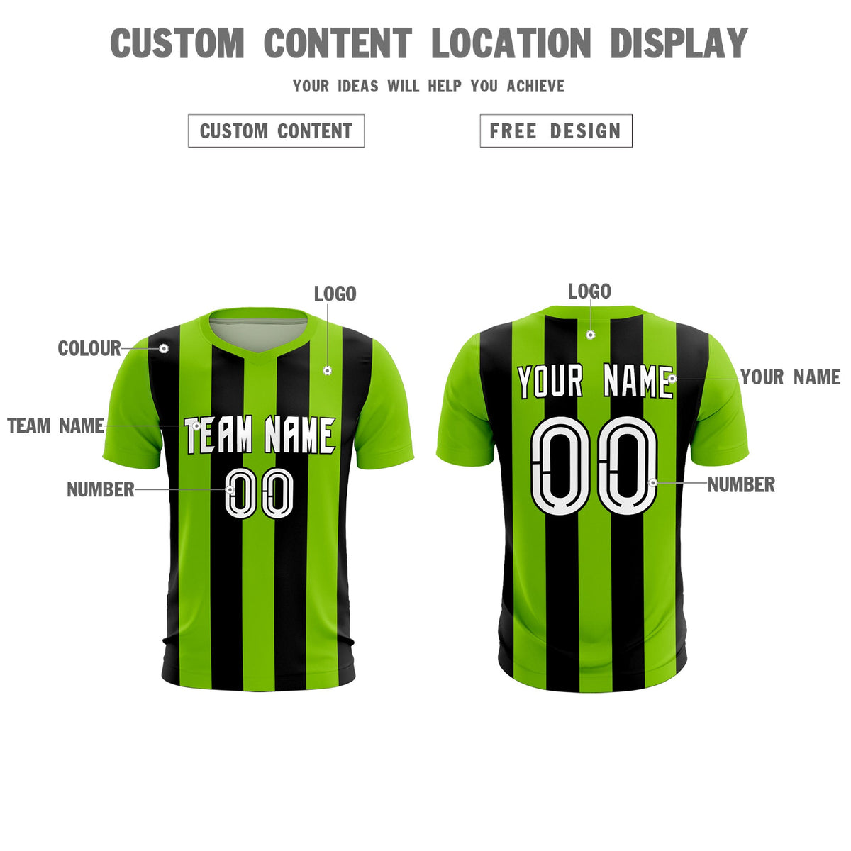 Custom Neon Green Black Vertical Stripes Casual Outdoor Football Kits Jersey