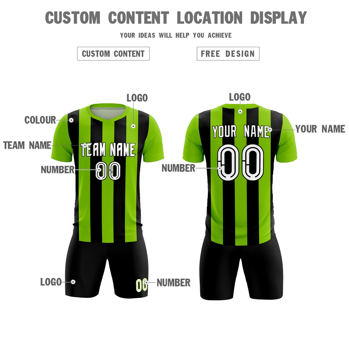 Custom Neon Green Black Vertical Stripes Casual Outdoor Football Kits Jersey
