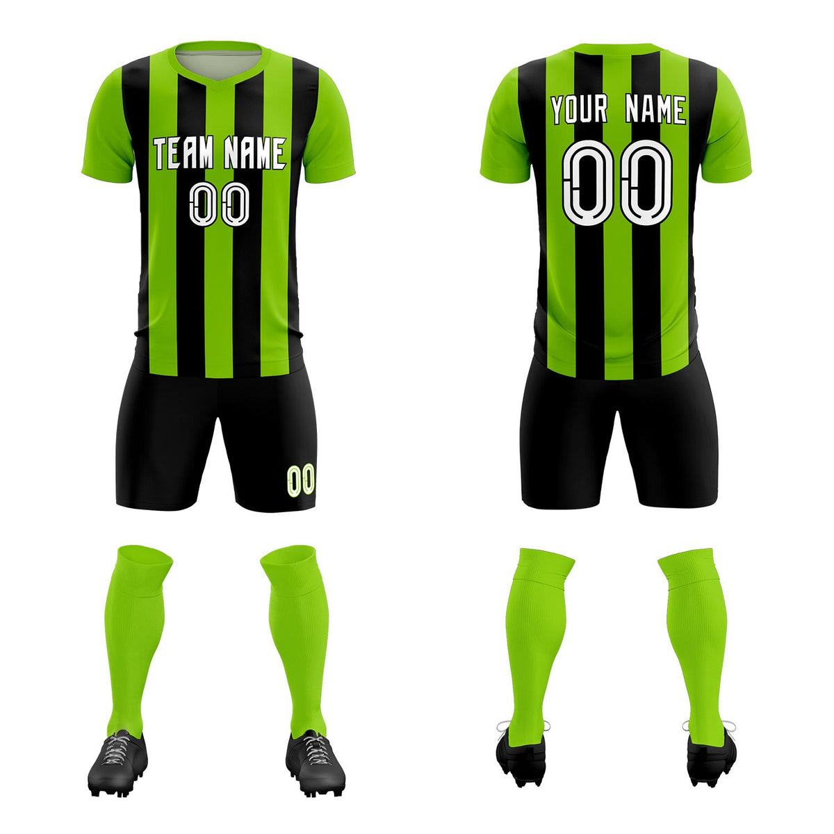 Custom Neon Green Black Vertical Stripes Casual Outdoor Football Kits Jersey