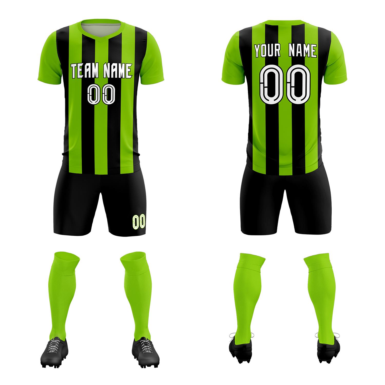 Custom Neon Green Black Vertical Stripes Casual Outdoor Football Kits Jersey