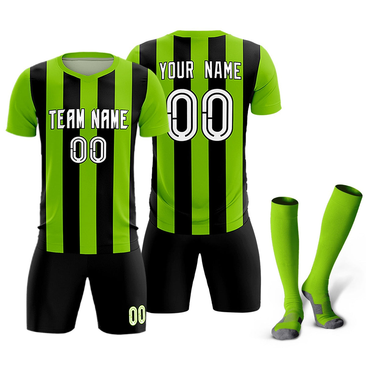 Custom Neon Green Black Vertical Stripes Casual Outdoor Football Kits Jersey