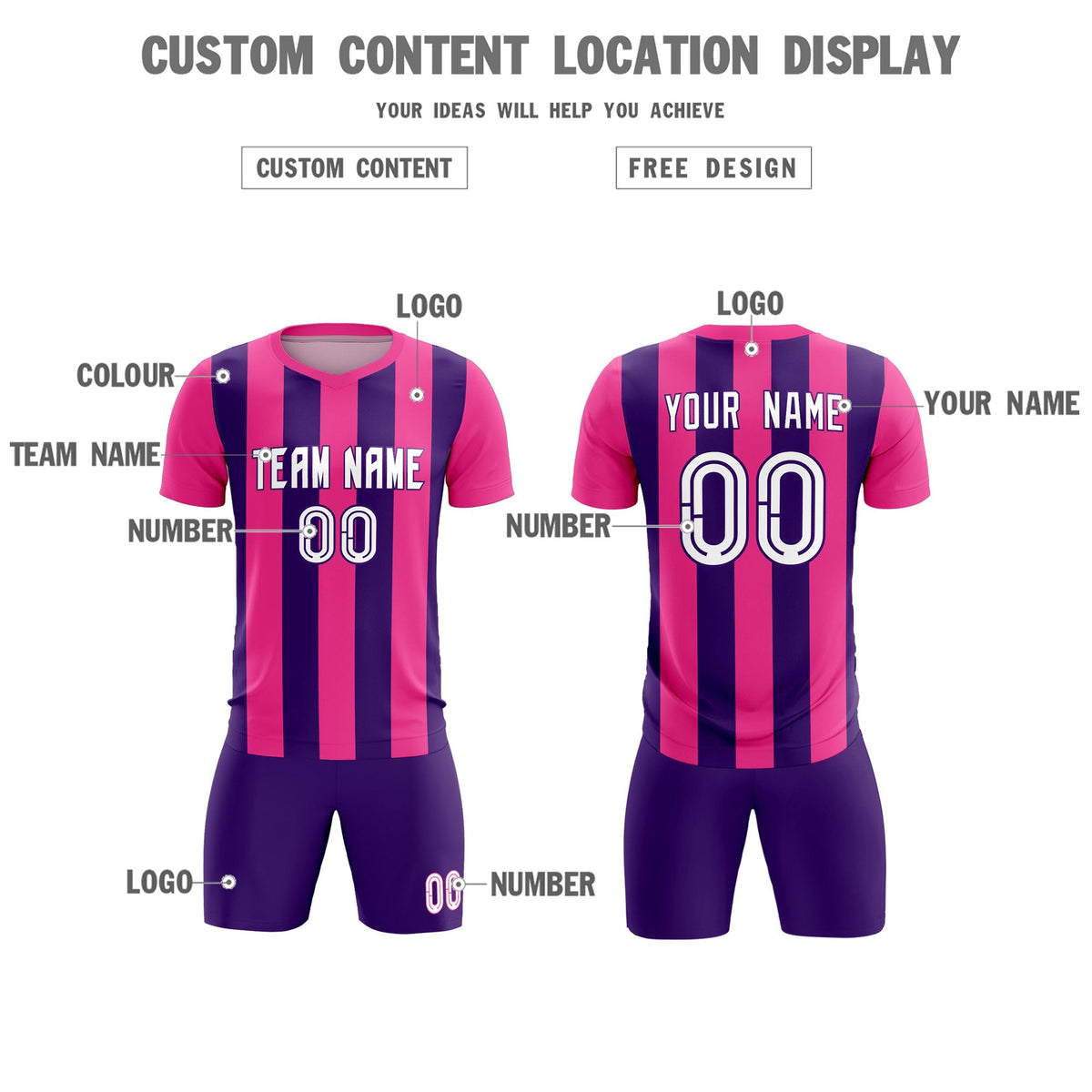 Custom Pink Purple Vertical Stripes Casual Outdoor Football Kits Jersey