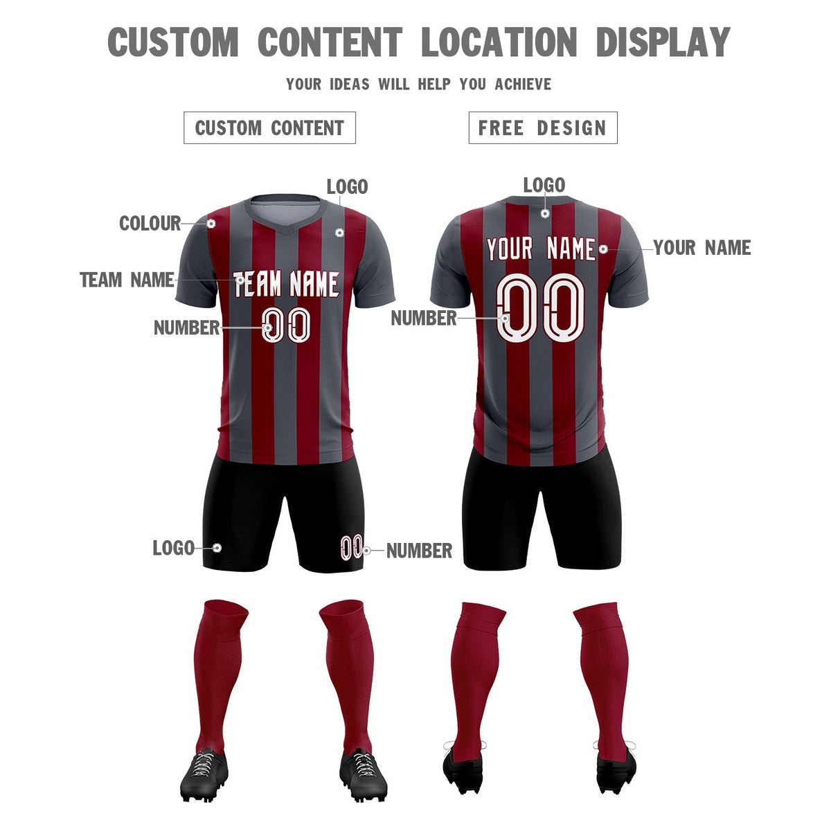 Custom Dark Gray Crimson Vertical Stripes Casual Outdoor Football Kits Jersey