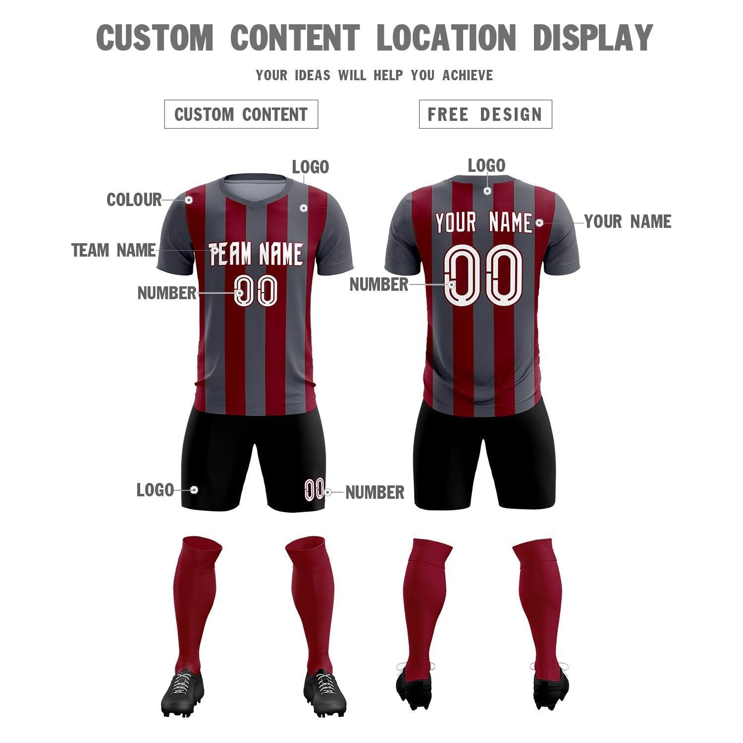 Custom Dark Gray Crimson Vertical Stripes Casual Outdoor Football Kits Jersey