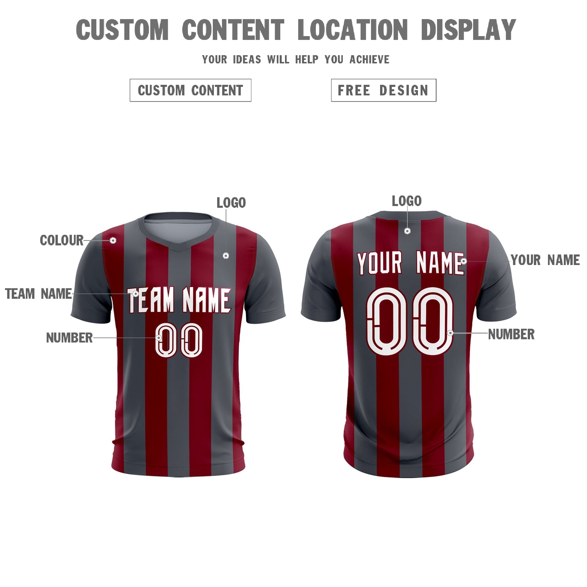 Custom Dark Gray Crimson Vertical Stripes Casual Outdoor Football Kits Jersey