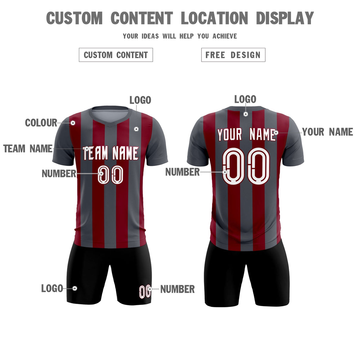 Custom Dark Gray Crimson Vertical Stripes Casual Outdoor Football Kits Jersey