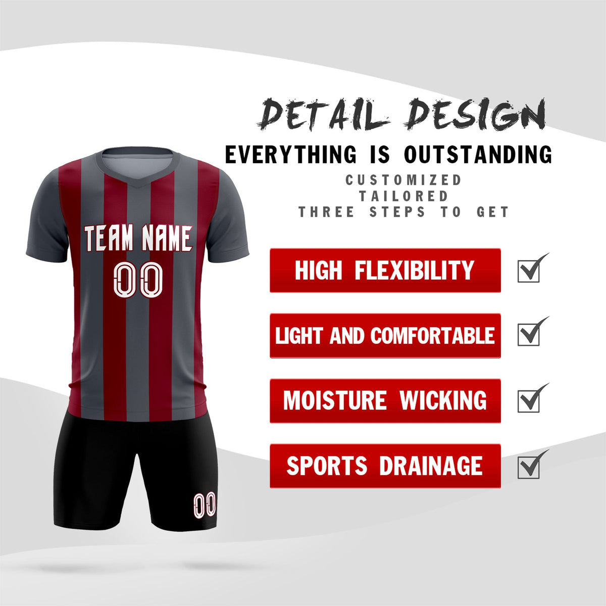 Custom Dark Gray Crimson Vertical Stripes Casual Outdoor Football Kits Jersey