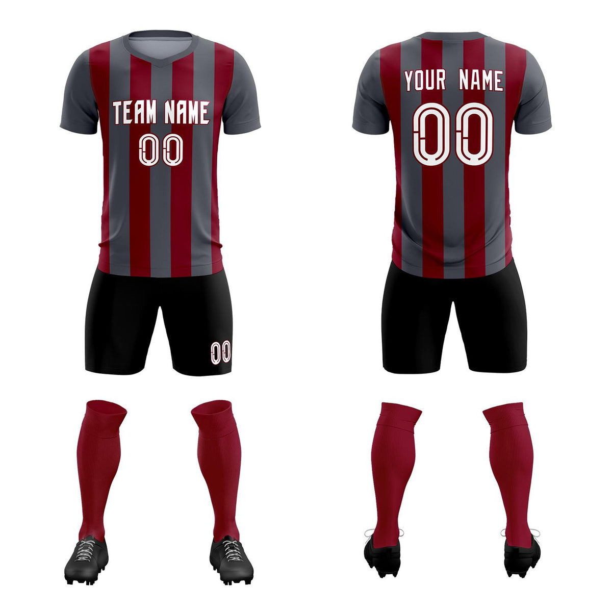 Custom Dark Gray Crimson Vertical Stripes Casual Outdoor Football Kits Jersey