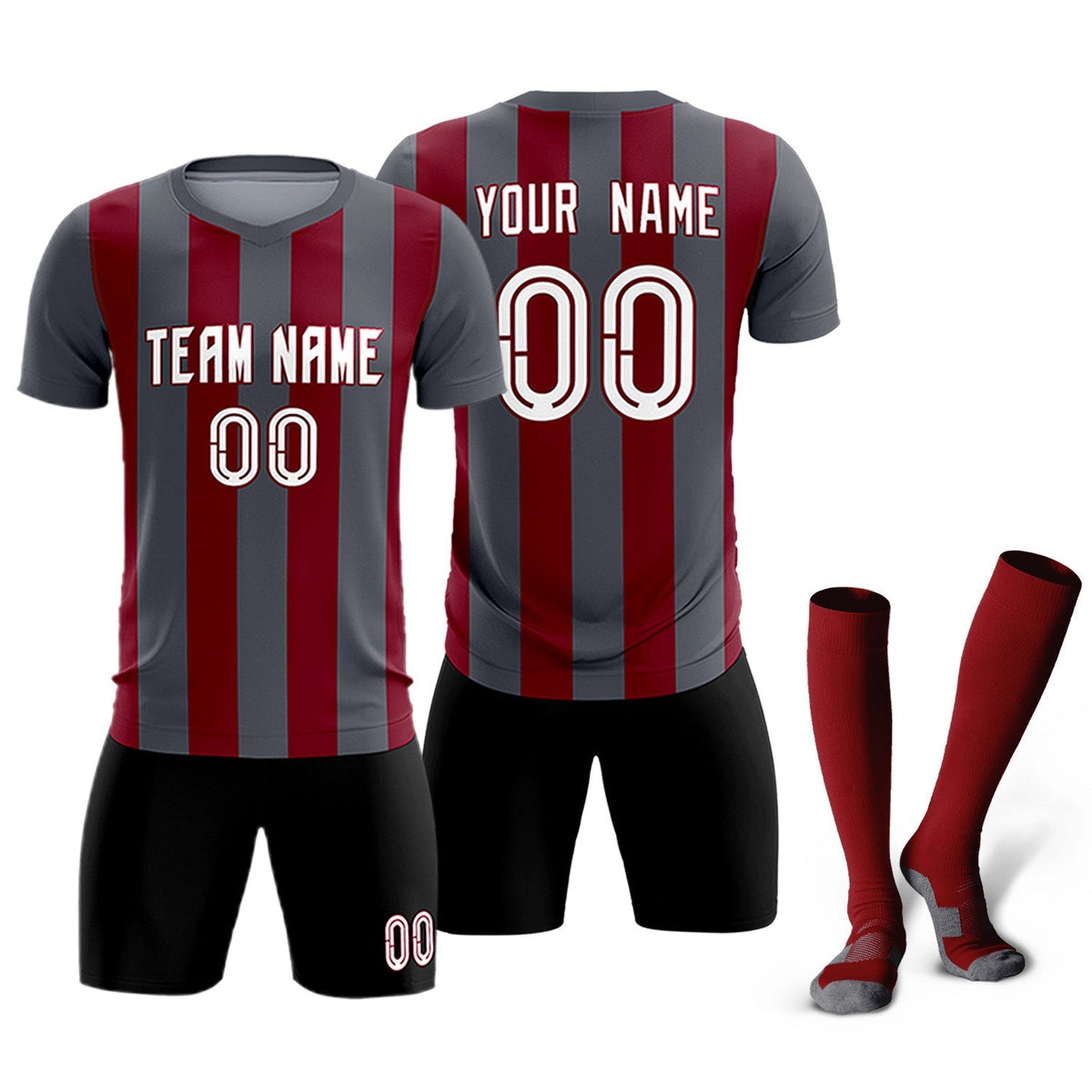 Custom Dark Gray Crimson Vertical Stripes Casual Outdoor Football Kits Jersey