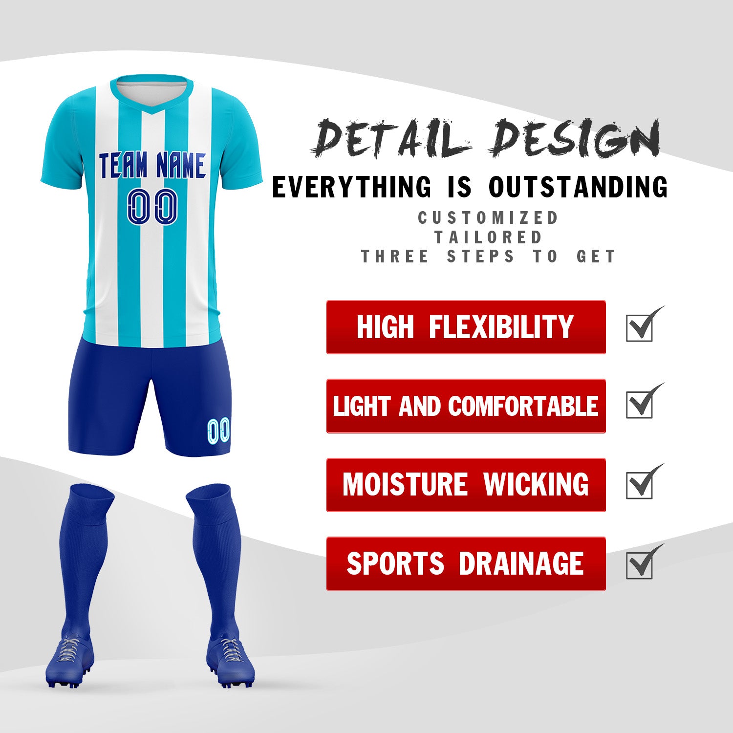 Custom White Sky Blue Vertical Stripes Casual Outdoor Football Kits Jersey