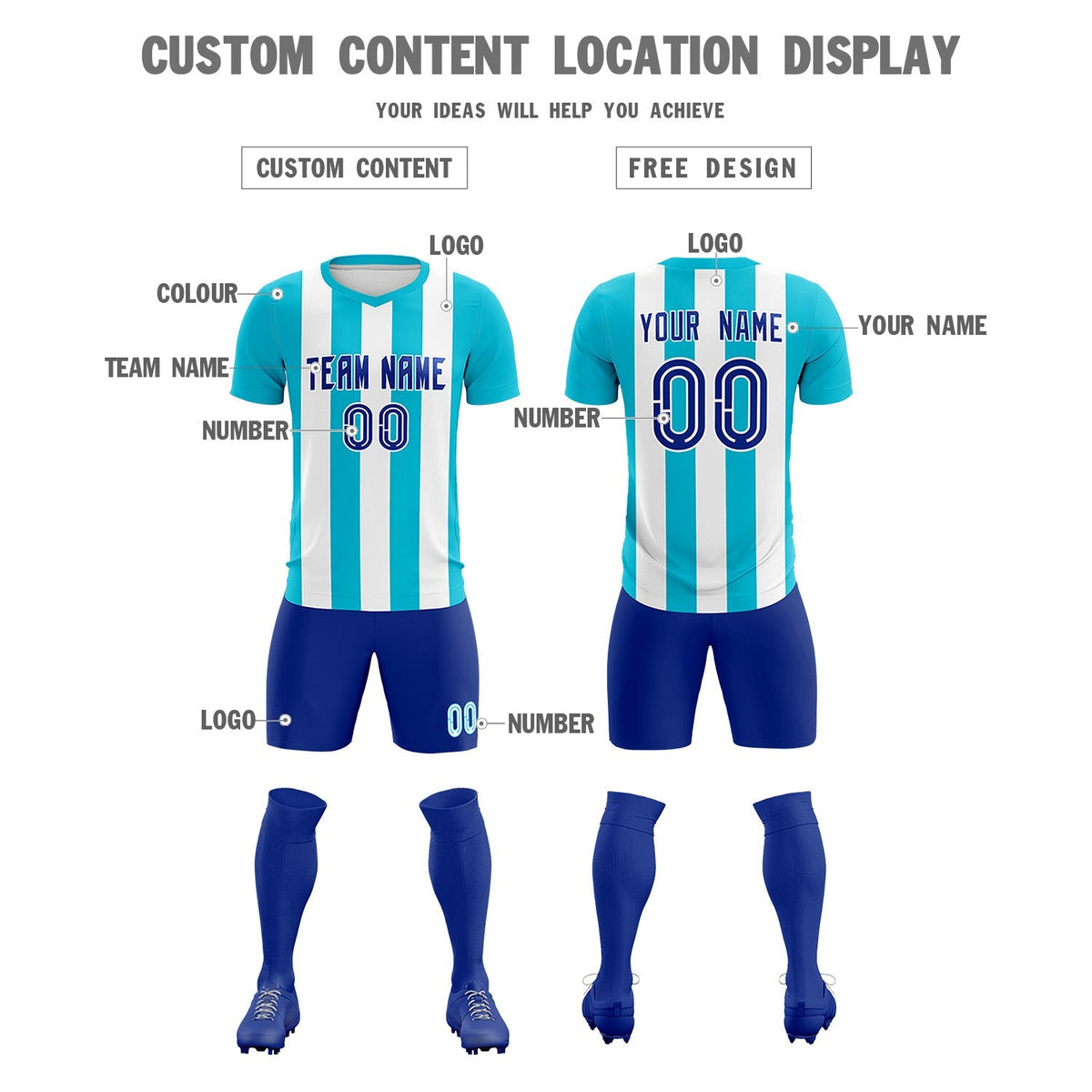 Custom White Sky Blue Vertical Stripes Casual Outdoor Football Kits Jersey