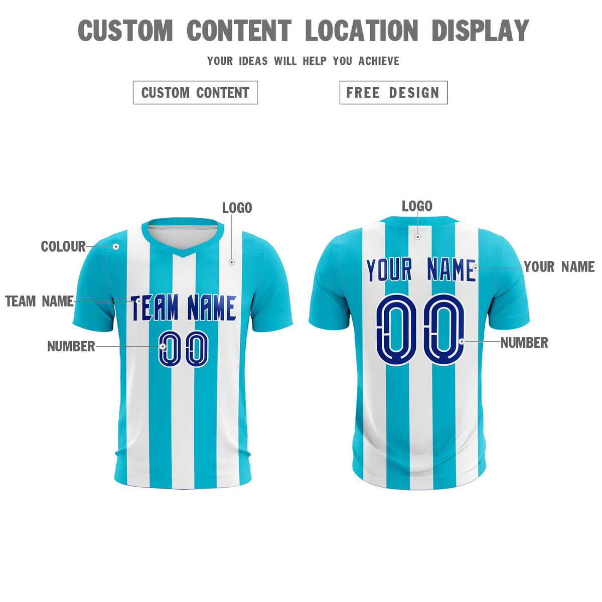 Custom White Sky Blue Vertical Stripes Casual Outdoor Football Kits Jersey