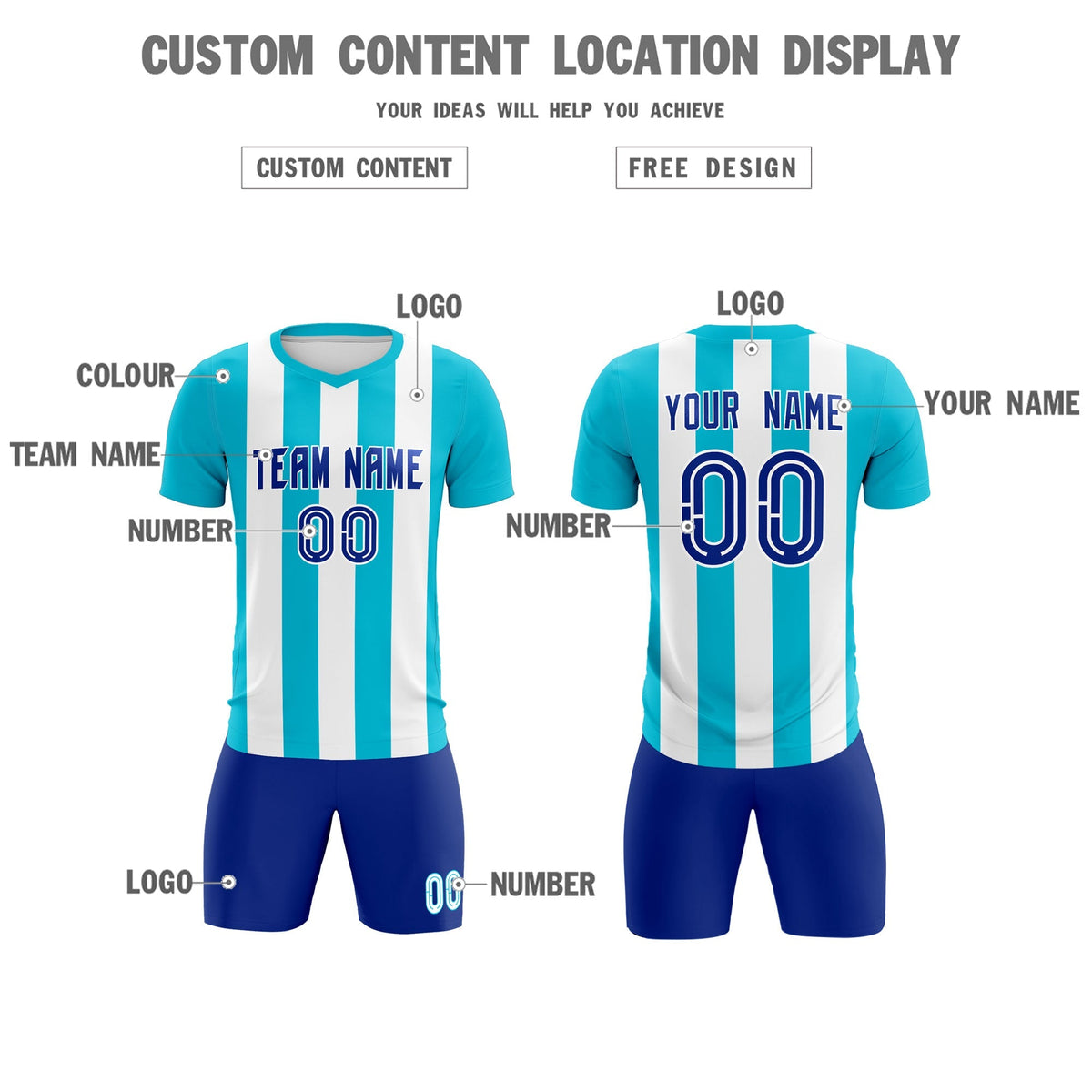 Custom White Sky Blue Vertical Stripes Casual Outdoor Football Kits Jersey