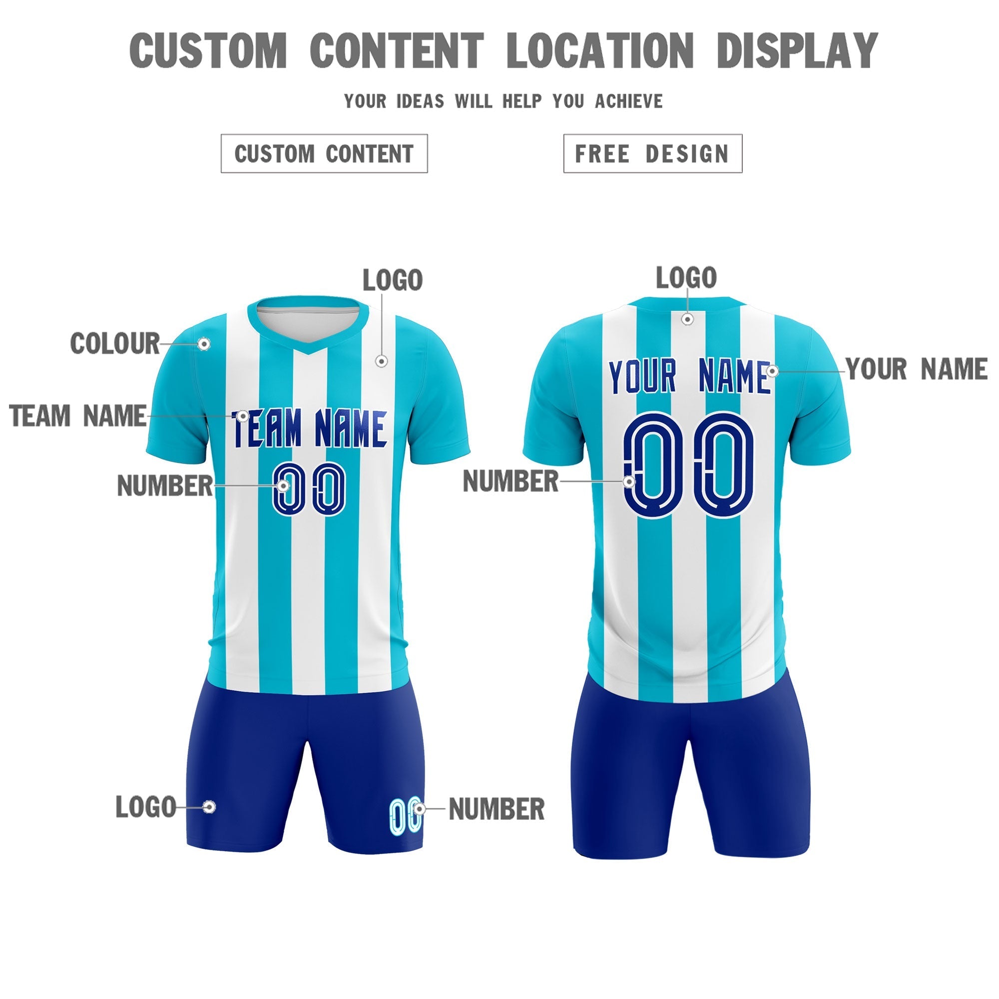 Custom White Sky Blue Vertical Stripes Casual Outdoor Football Kits Jersey