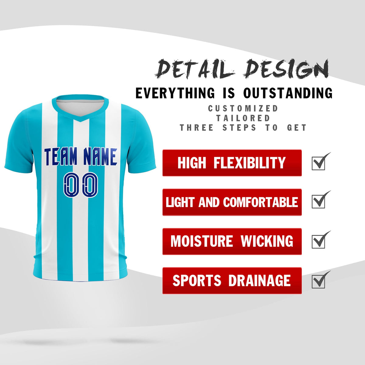 Custom White Sky Blue Vertical Stripes Casual Outdoor Football Kits Jersey