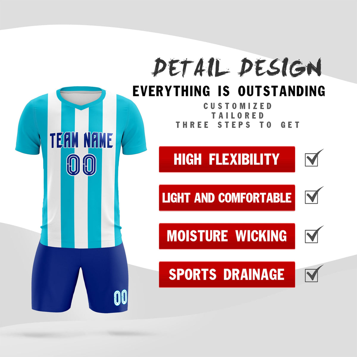 Custom White Sky Blue Vertical Stripes Casual Outdoor Football Kits Jersey