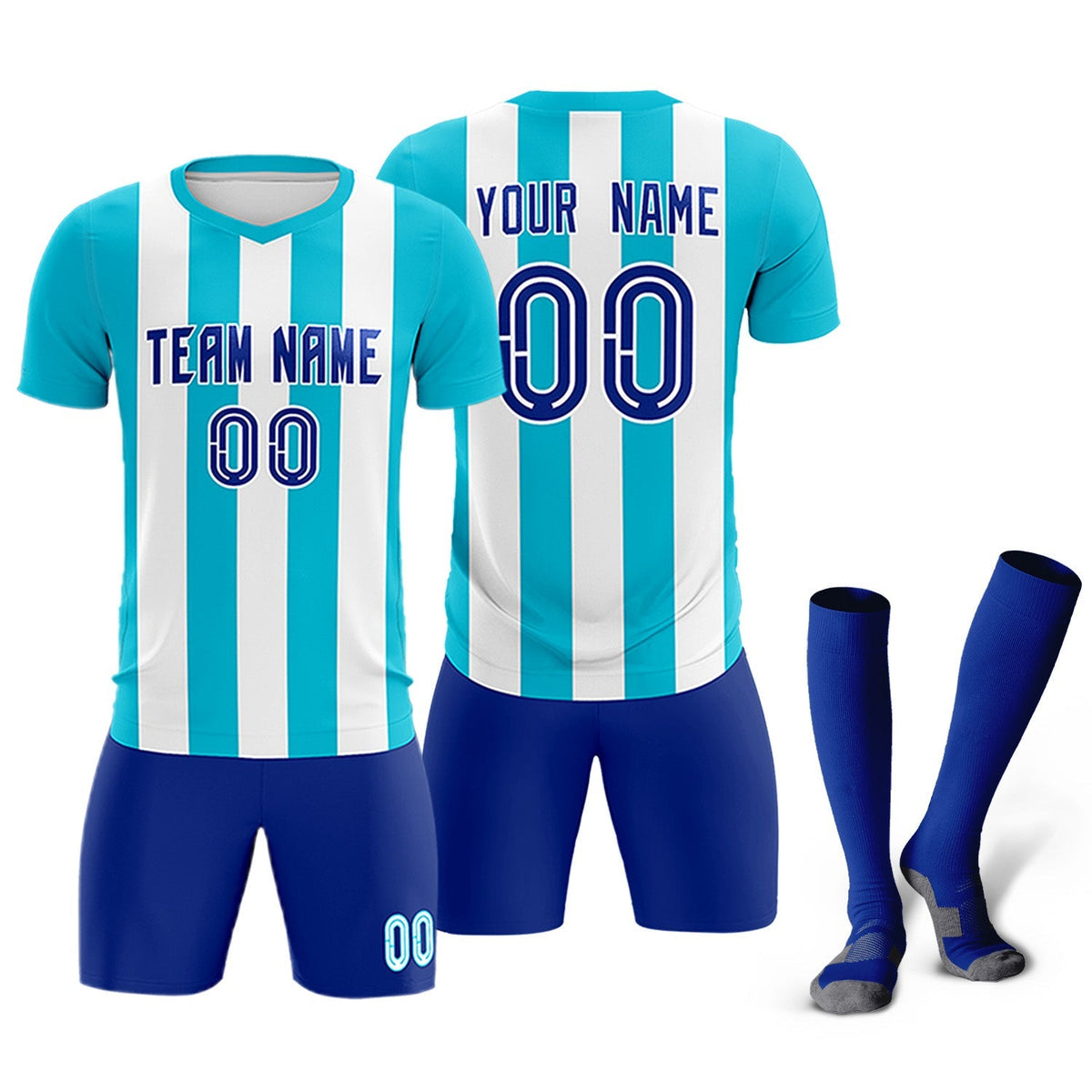 Custom White Sky Blue Vertical Stripes Casual Outdoor Football Kits Jersey