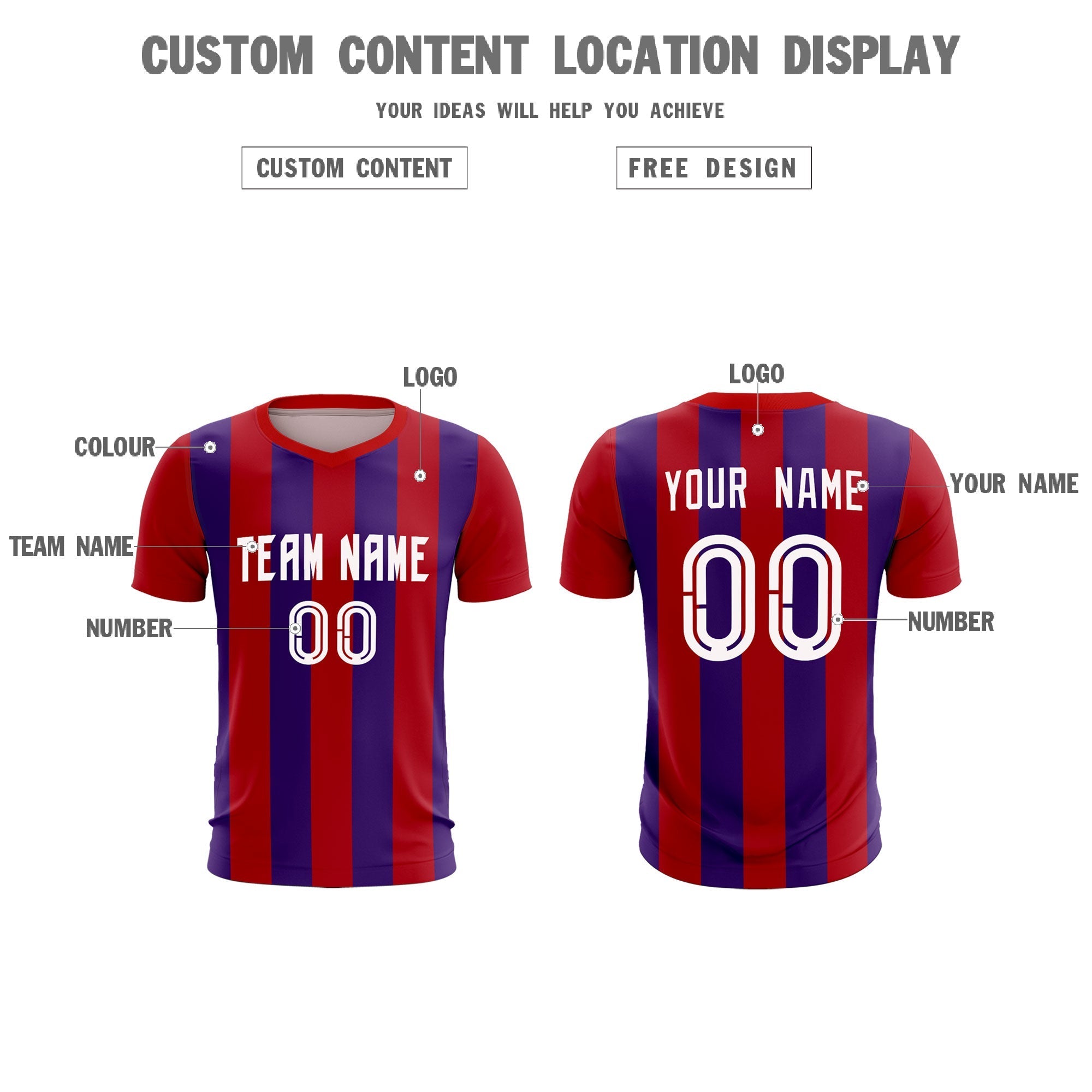 Custom Red Purple Vertical Stripes Casual Outdoor Football Kits Jersey