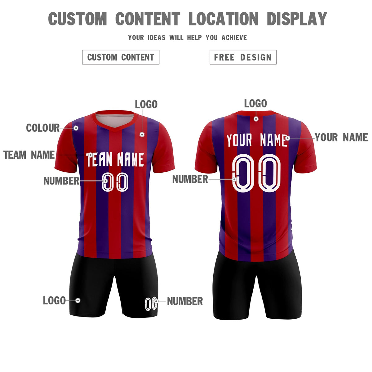 Custom Red Purple Vertical Stripes Casual Outdoor Football Kits Jersey