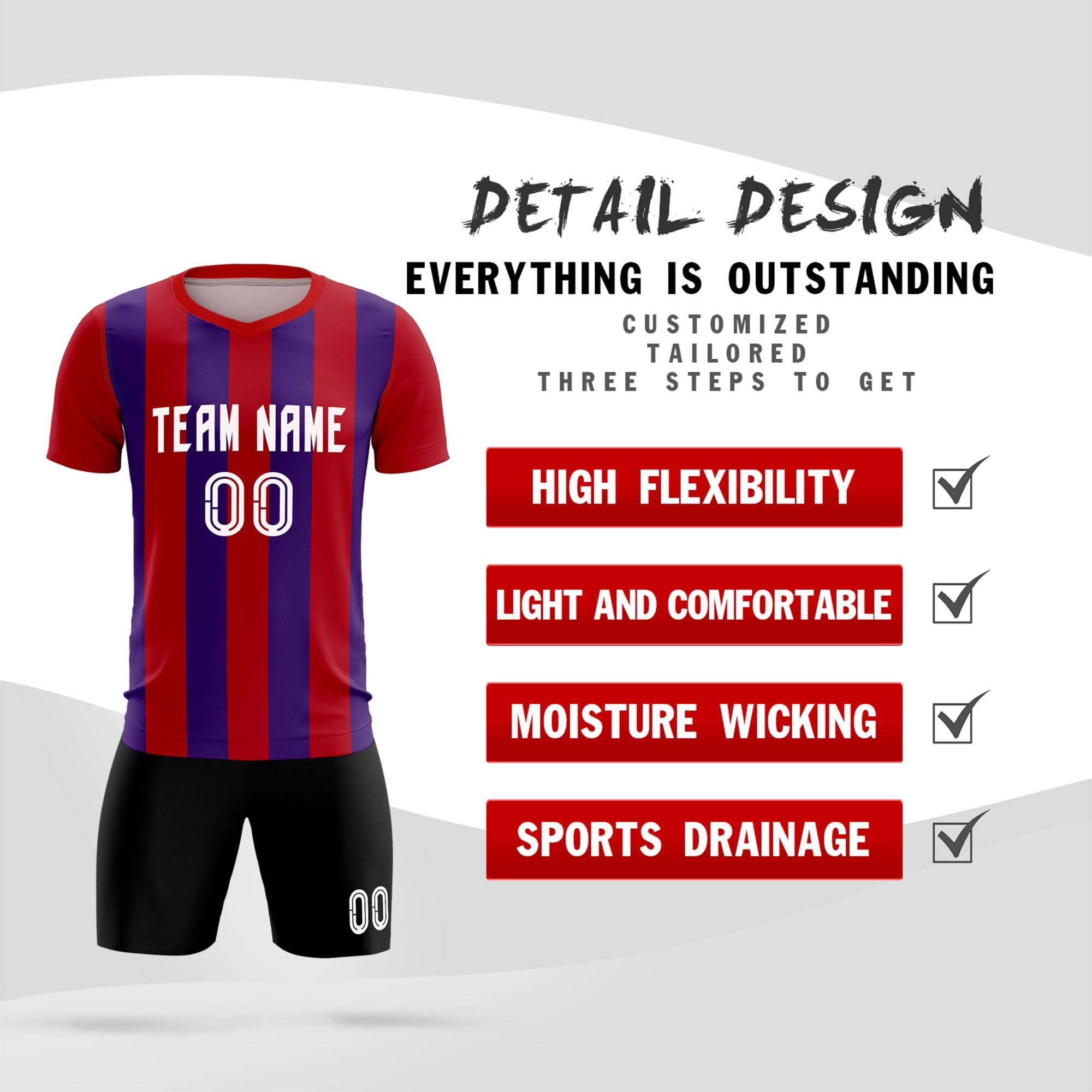Custom Red Purple Vertical Stripes Casual Outdoor Football Kits Jersey