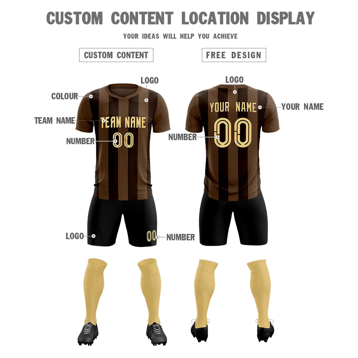 Custom Light Brown Brown Vertical Stripes Casual Outdoor Football Kits Jersey