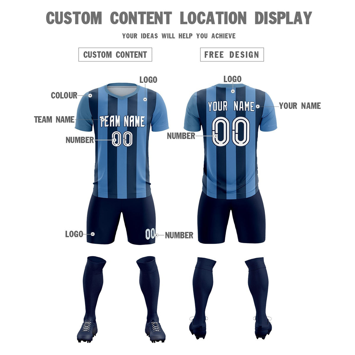 Custom Light Blue Midnight Blue Vertical Stripes Casual Outdoor Football Kits Jersey