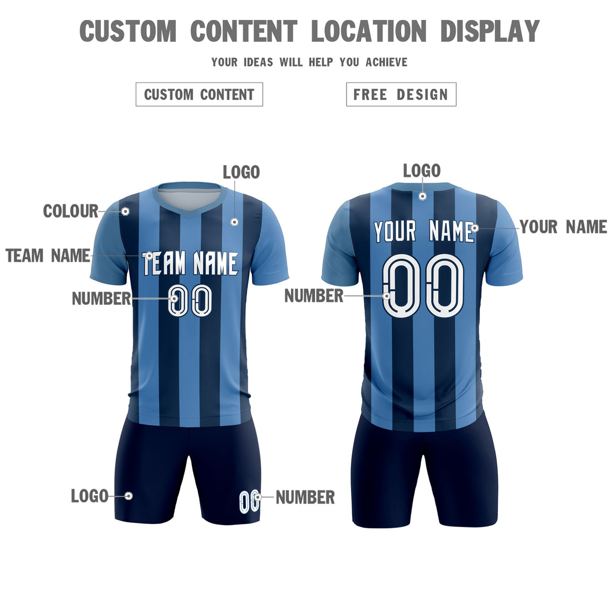 Custom Light Blue Midnight Blue Vertical Stripes Casual Outdoor Football Kits Jersey
