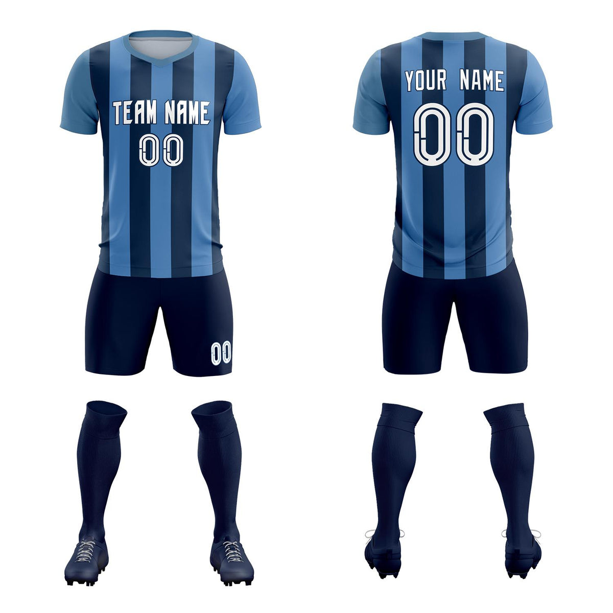 Custom Light Blue Midnight Blue Vertical Stripes Casual Outdoor Football Kits Jersey