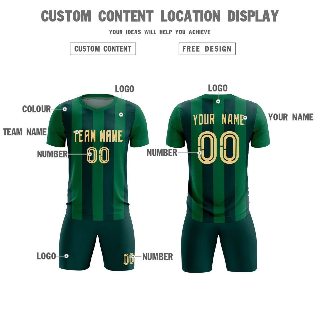 Custom Kelly Green Midnight Green Vertical Stripes Casual Outdoor Football Kits Jersey